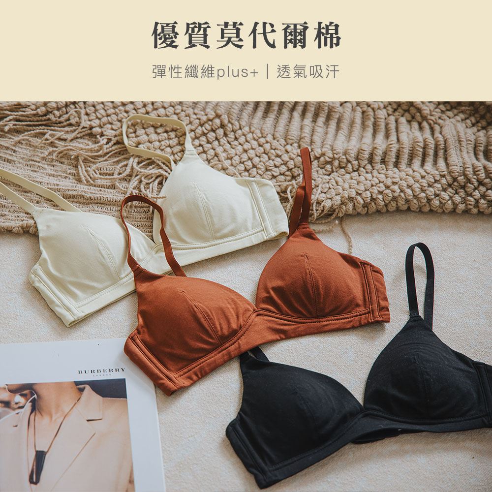 棉感時光 莫代爾棉V胸無鋼圈內衣 B580 (黑)_7