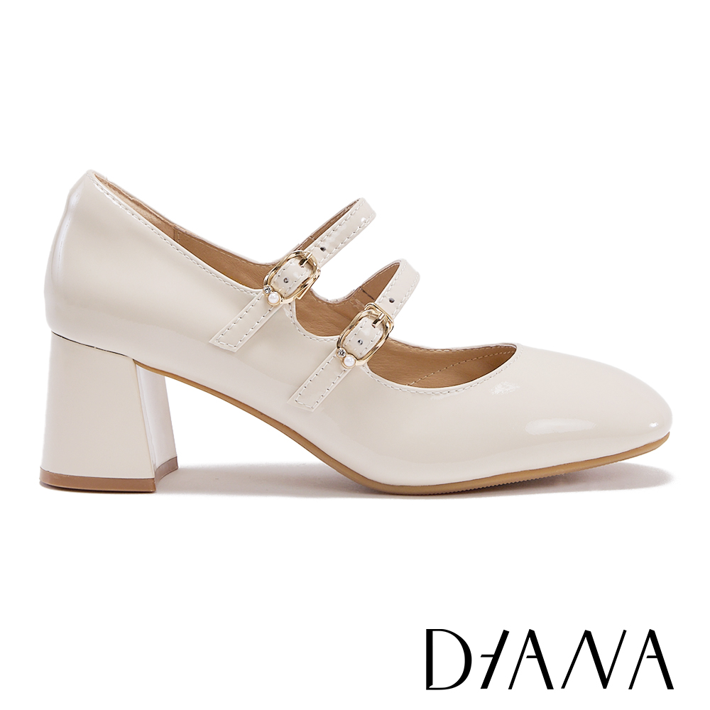 DIANA  牛漆皮復古雙帶瑪莉珍高跟鞋 米色 #55250