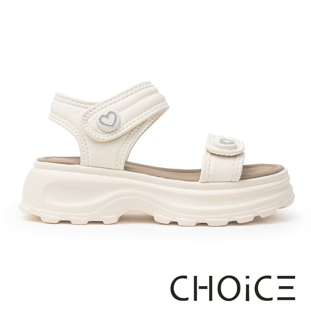 CHOiCE 亮鑽愛心圓釦厚底休閒涼鞋 米色 #38048