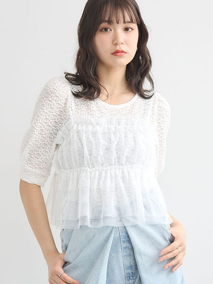 【SET ITEM】小花編織圖案短袖上衣+薄紗摺邊吊帶背心(01000315200) - earth music&ecology