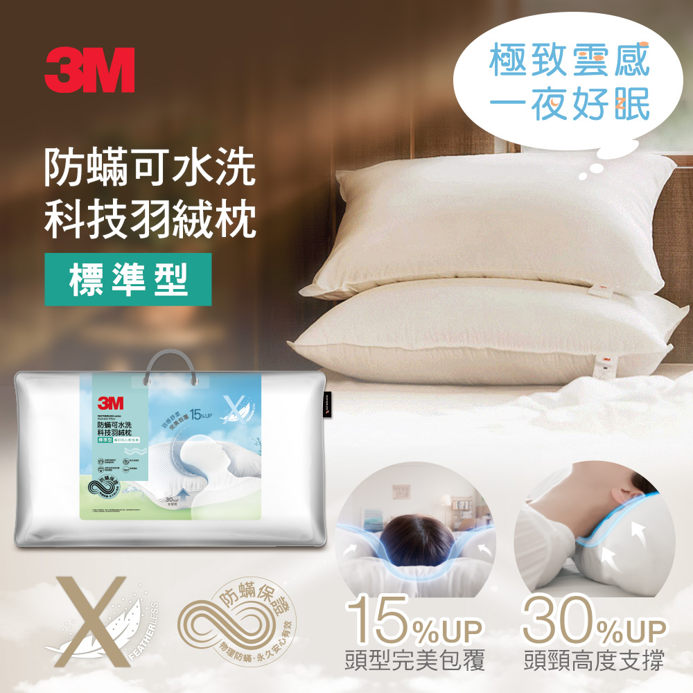 3M 防蹣可水洗科技羽絨枕-標準型