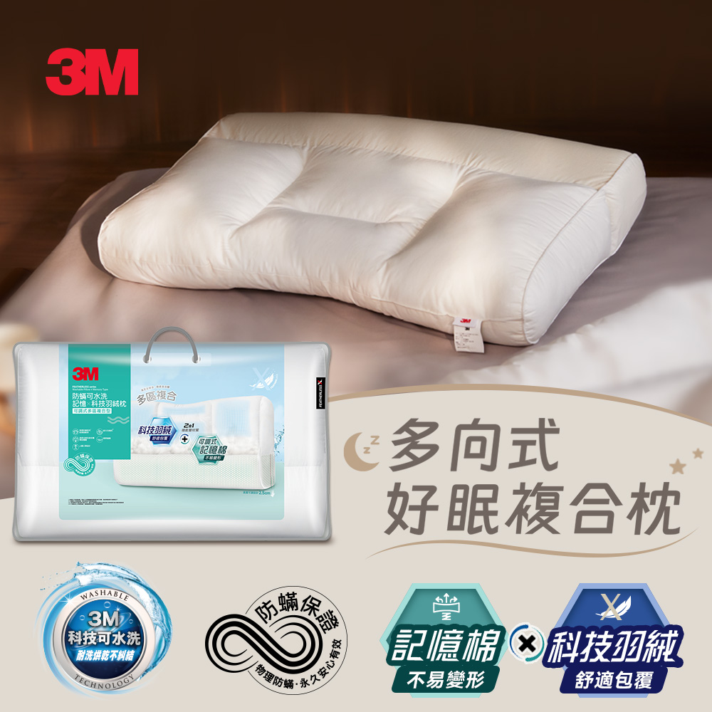 3M 防蹣可水洗科技羽絨枕-可調式多區複合型