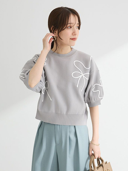 注目刺繡五分袖針織衫(06000526300) - Green Parks