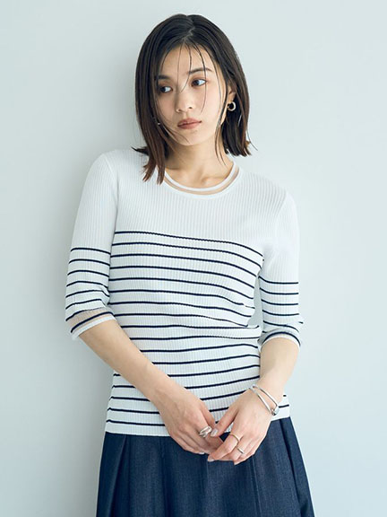 透明感滾邊拼接針織下襬開岔上衣(07000463100) - YECCA VECCA