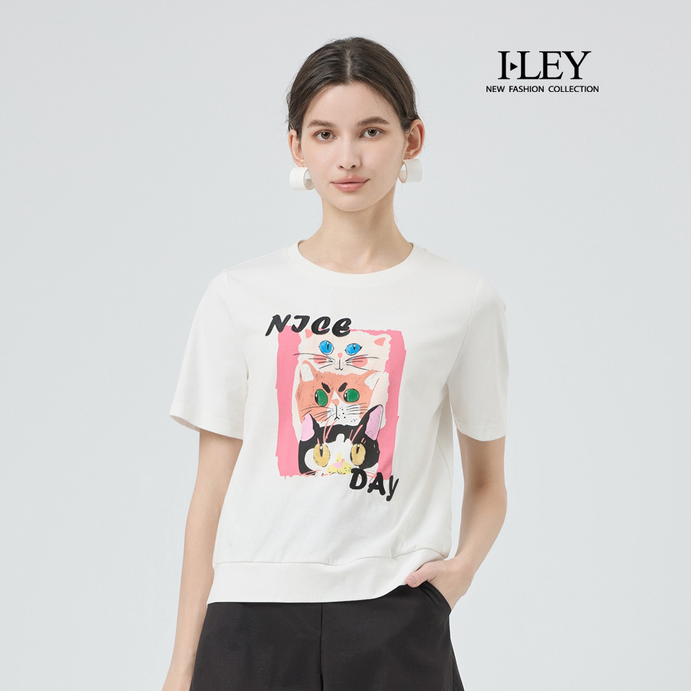 ILEY伊蕾 亮片貓咪刺繡棉質T恤(白；M-XL)_0
