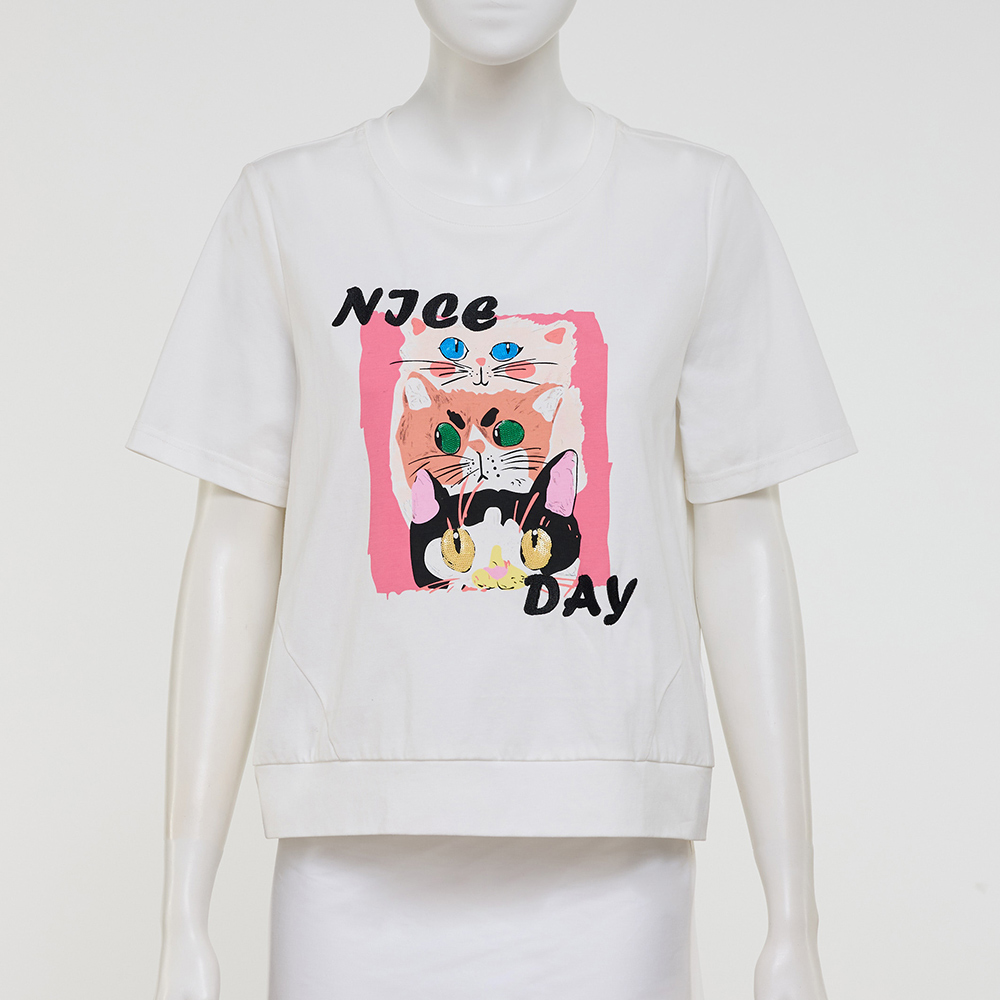 ILEY伊蕾 亮片貓咪刺繡棉質T恤(白；M-XL)_3