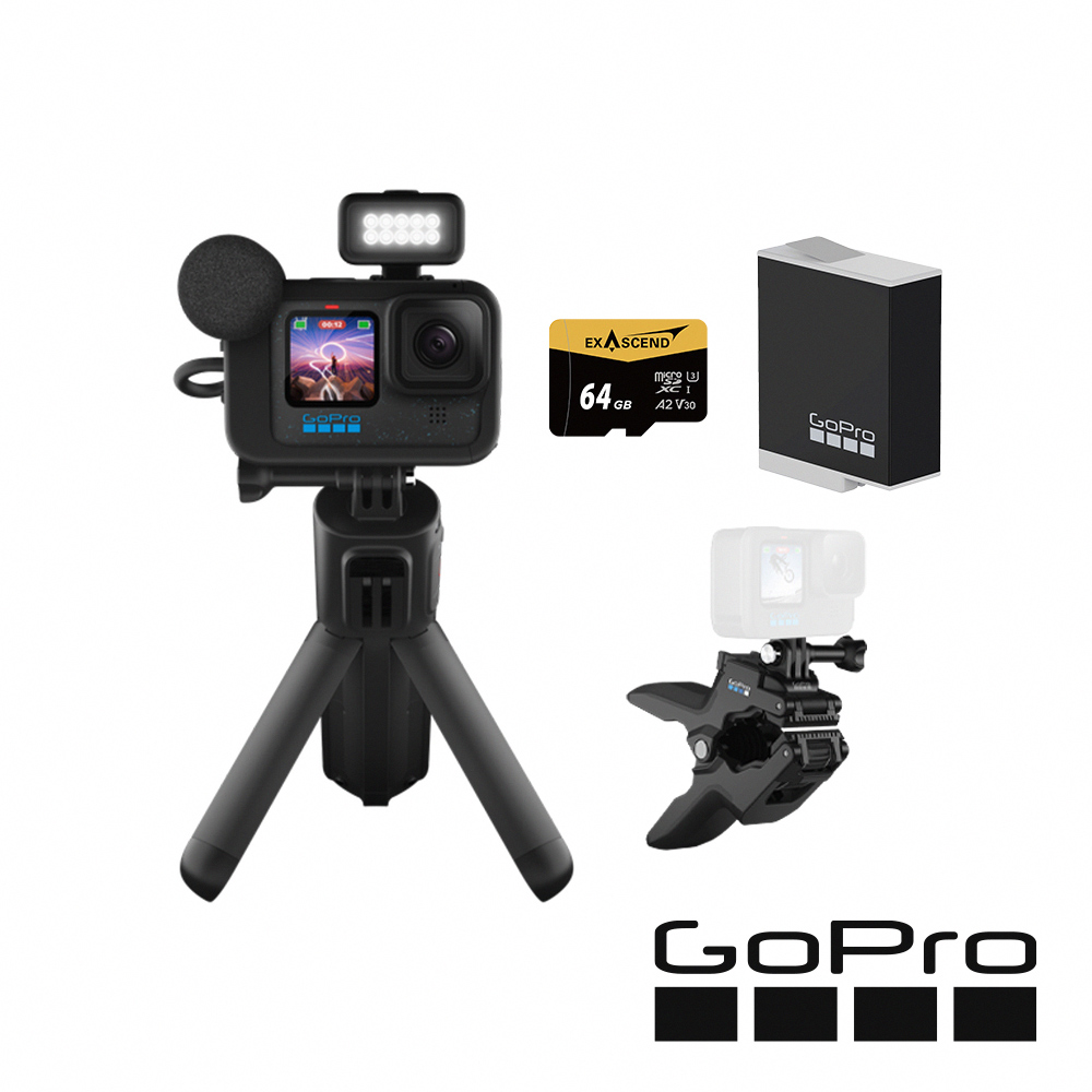 【GoPro】HERO12 Black CE創作者隨夾隨拍套組 (HERO12創作者套組+鯊魚軟管夾+Enduro原廠充電電池+64G記憶卡) 正成公司貨_1