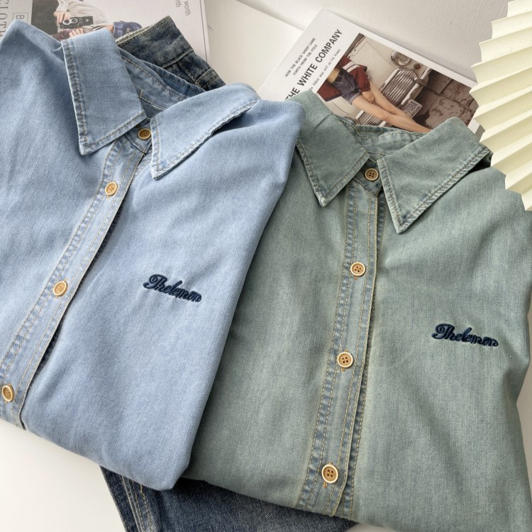 法事復古刺繡字母牛仔襯衫_0