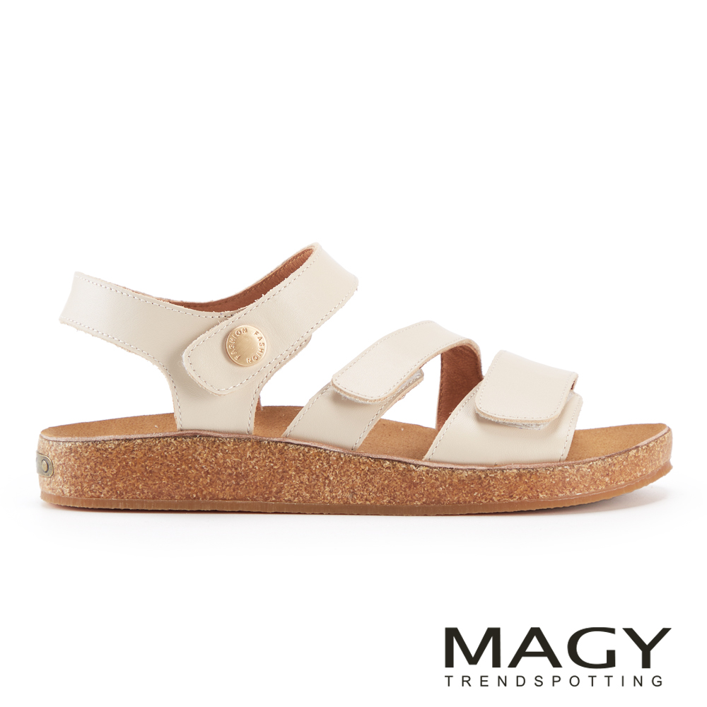 MAGY 牛皮寬帶舒適休閒平底涼鞋 米色 #15040