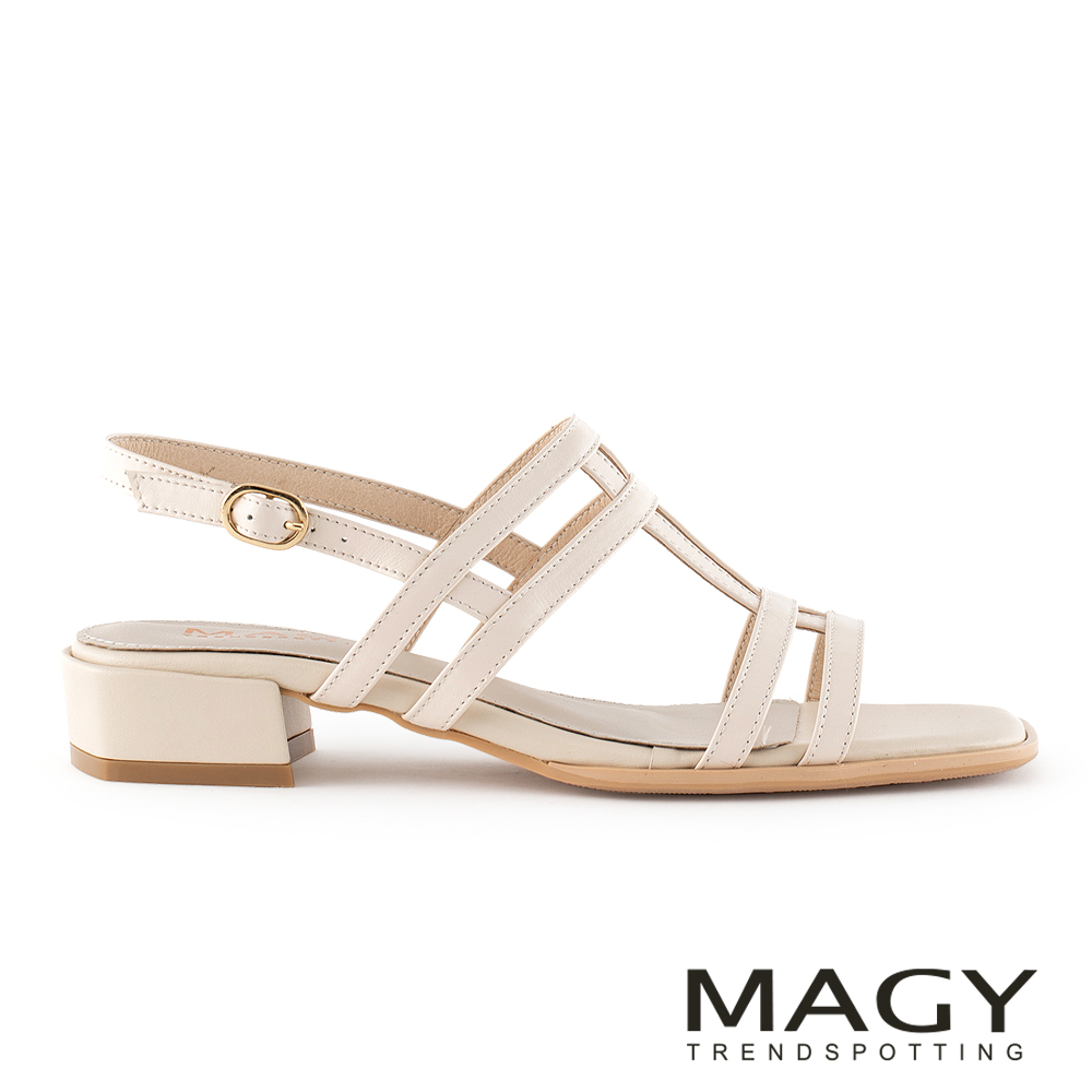 MAGY 牛皮幾何線條羅馬方頭低跟涼鞋 米色 #15047