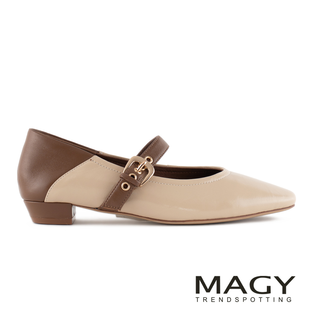 MAGY 小方頭羊皮雙色拼接繫帶瑪莉珍低跟鞋 杏色 #15200