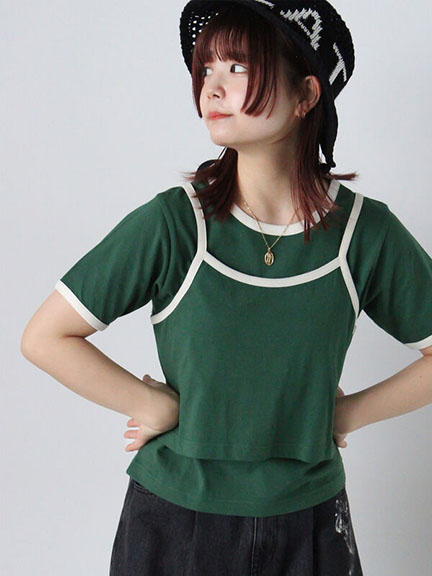 【SET ITEM】配色滾邊短袖T恤+吊帶背心(0F000725510) - ehka sopo
