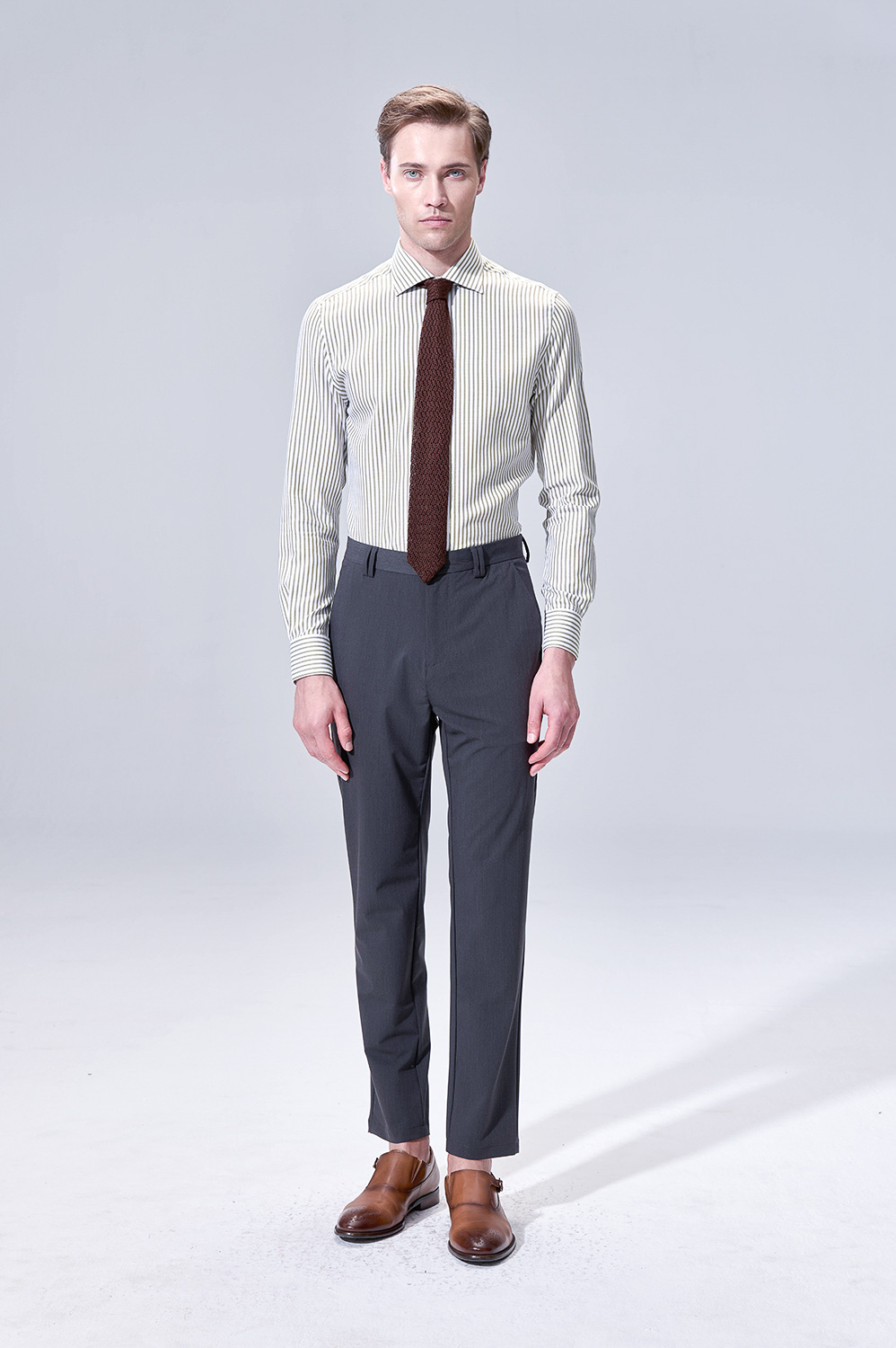 SST&C Olive Striped Pattern Slim Fit Shirt | 00062504011_0