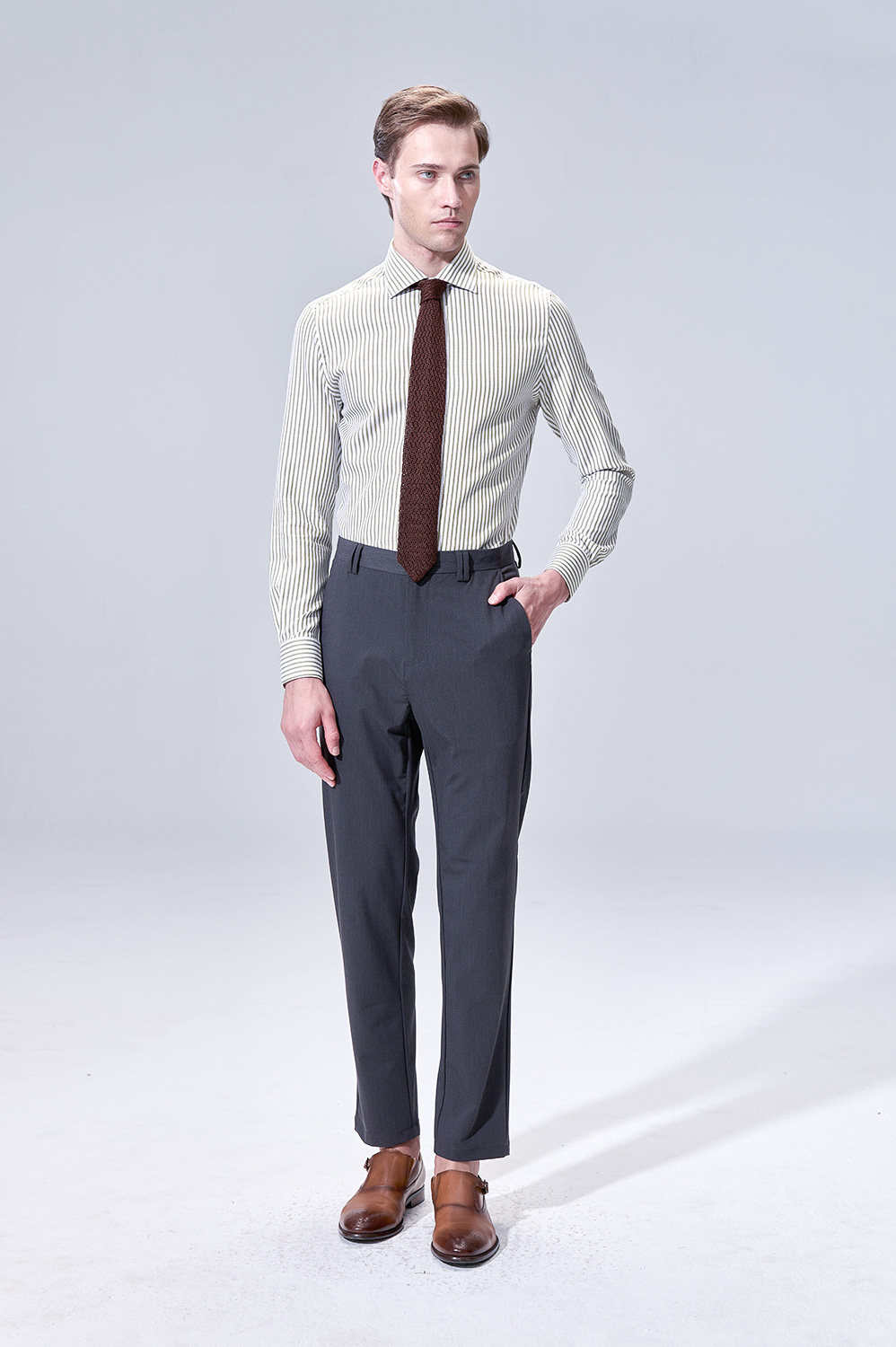 SST&C Olive Striped Pattern Slim Fit Shirt | 00062504011_1