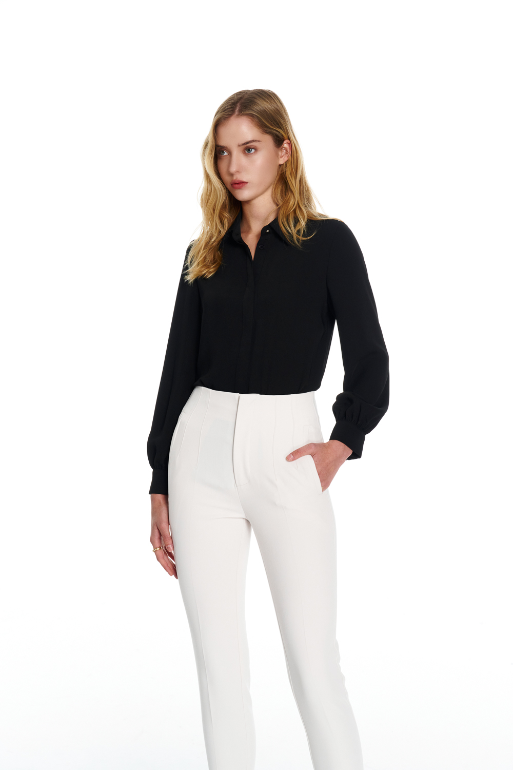 SST&C Black Pleated Cuffs Long Sleeve Top | 01082504007_1
