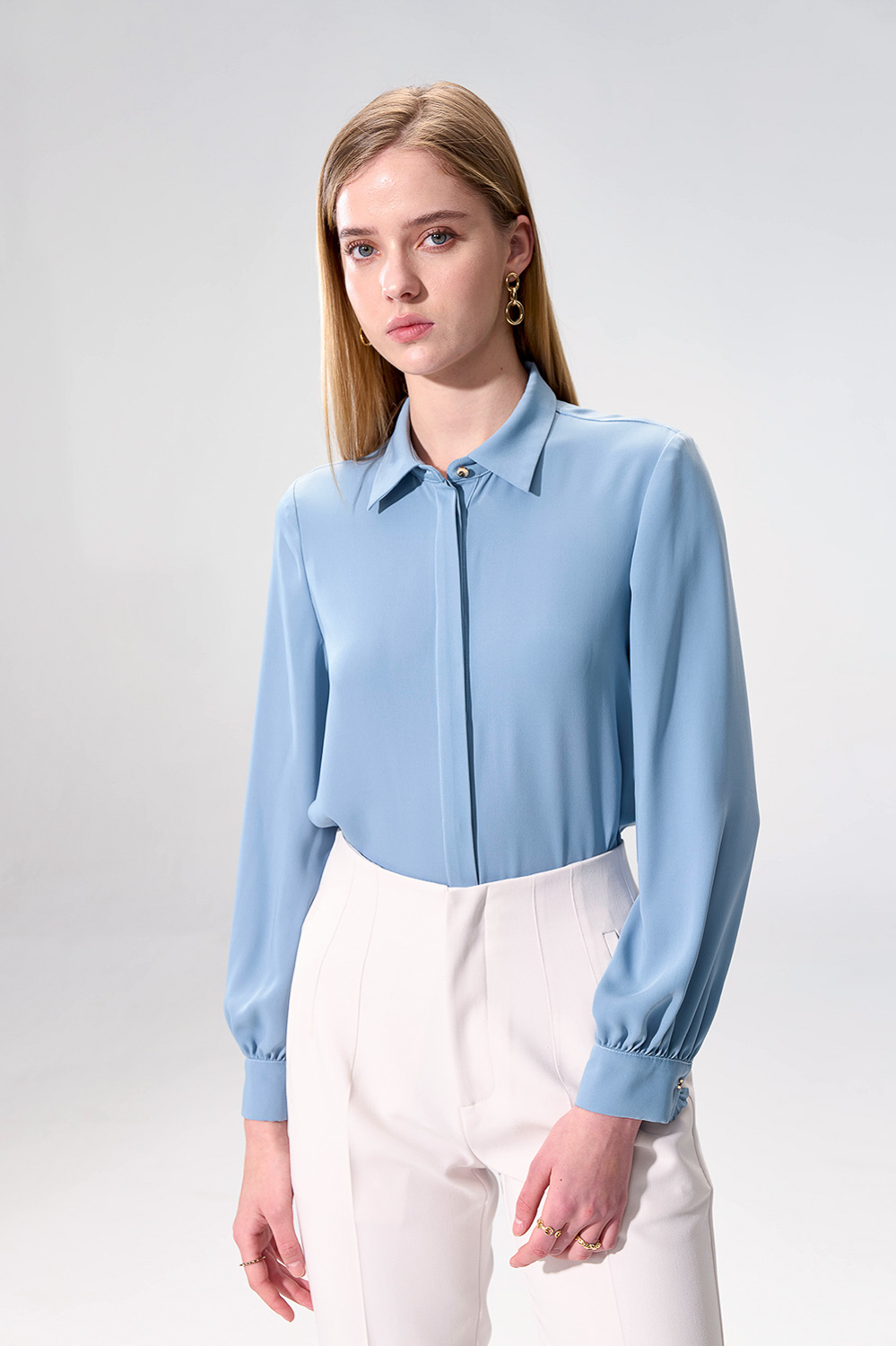 SST&C Sky Blue Pleated Cuffs Long Sleeve Top | 01082504008_2