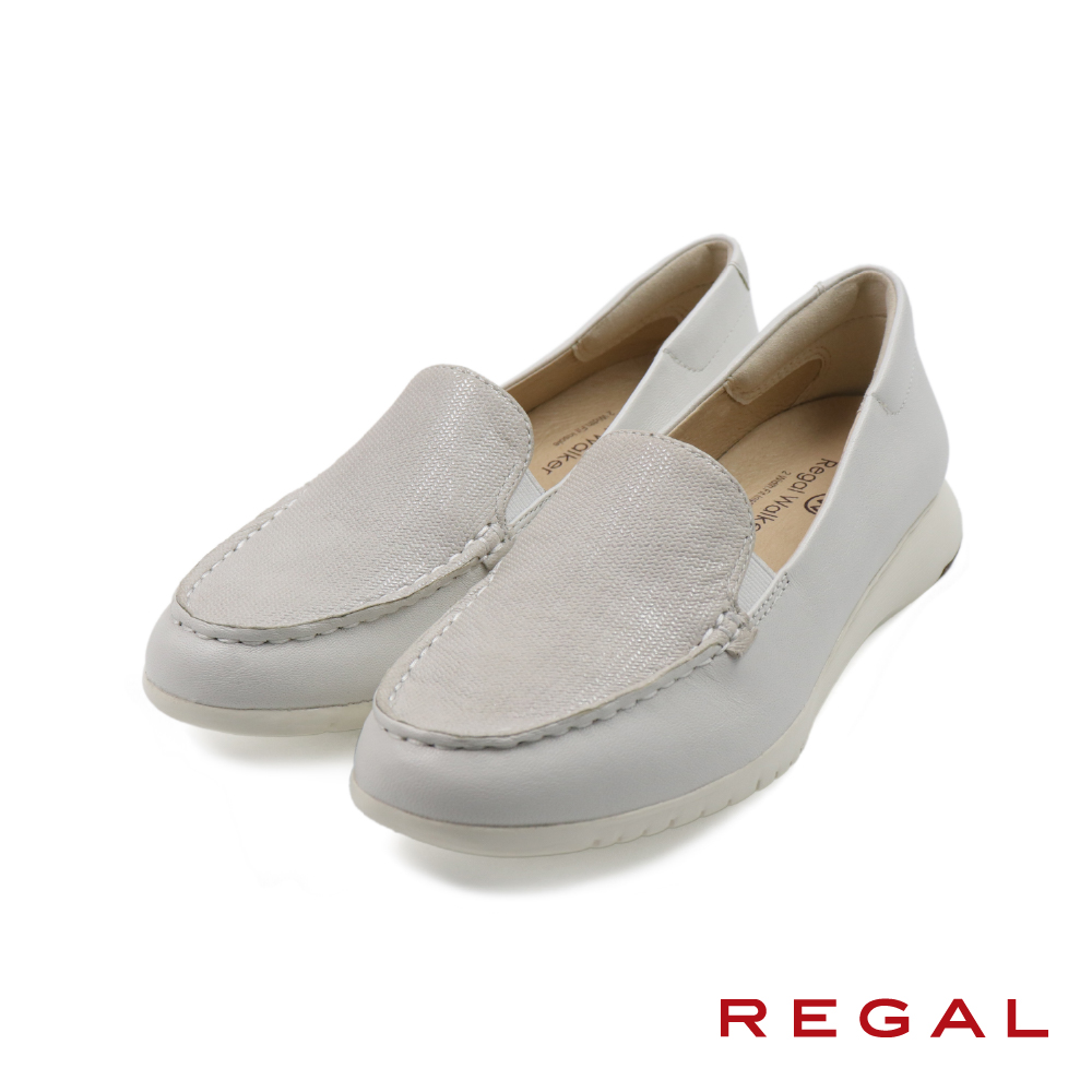 【REGAL】日本可調式軟墊蛇紋皮質懶人休閒鞋 白色(HC63-IV)