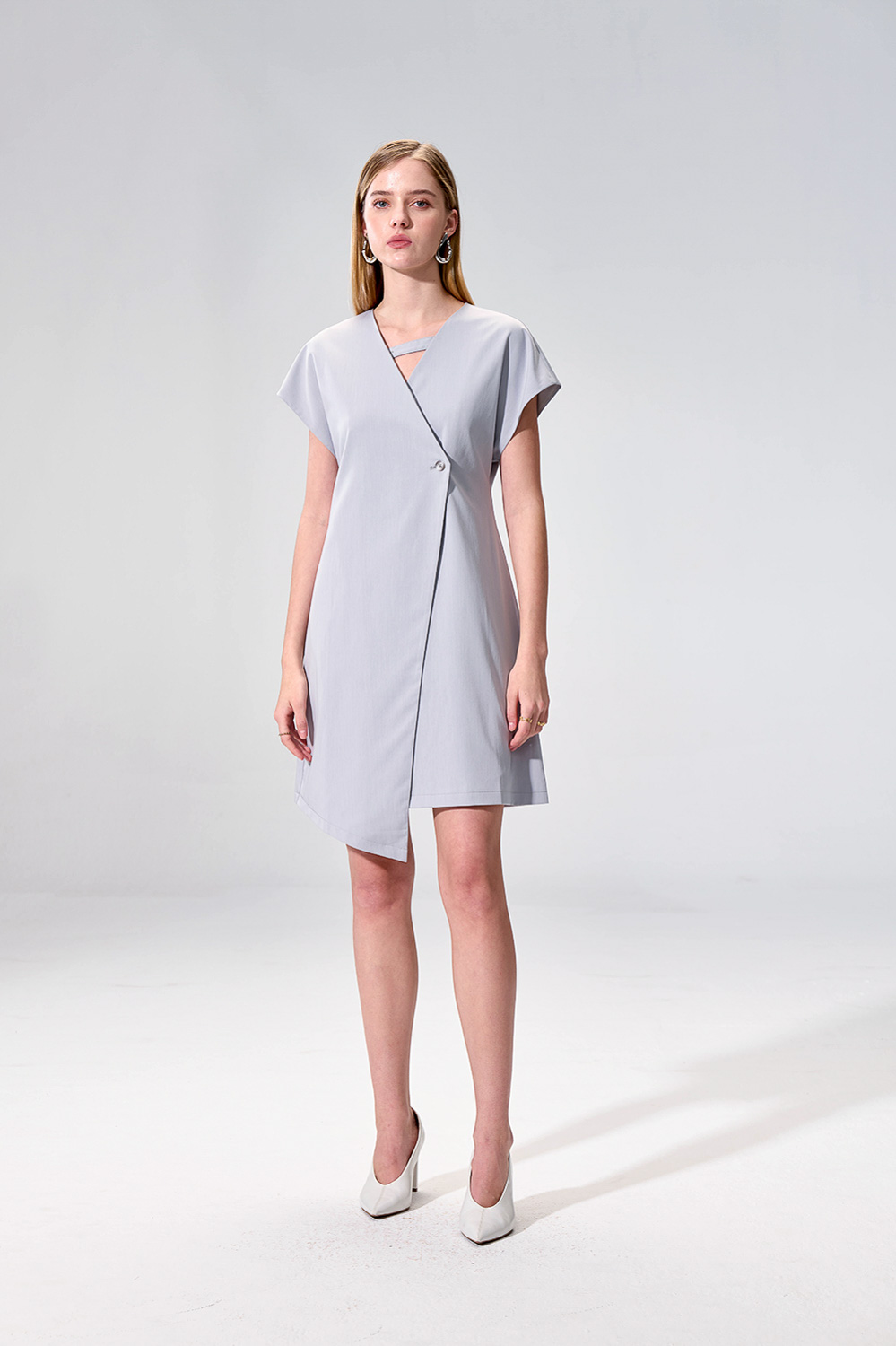 SST&C Light Grey Asymmetrical V-Neck Dress | 01222504006_1