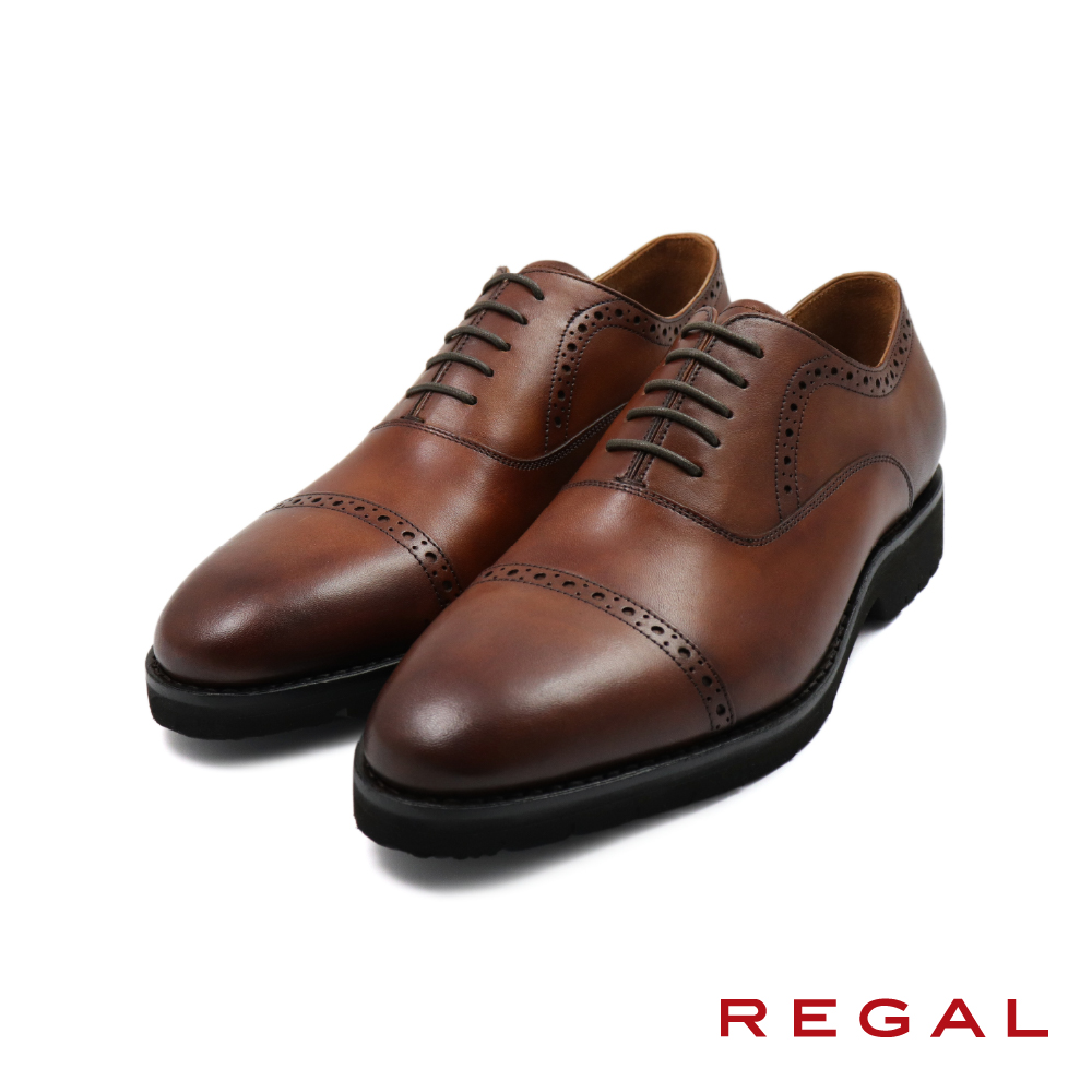 【REGAL】日本質感商務雕孔橫飾綁帶牛津鞋 棕色(UC14-BR)