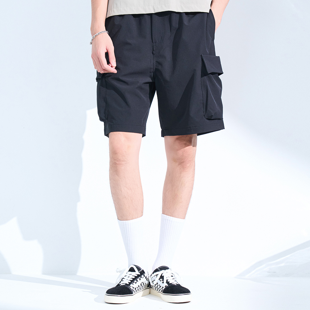 基本多袋休閒工裝短褲(黑色)-男_0