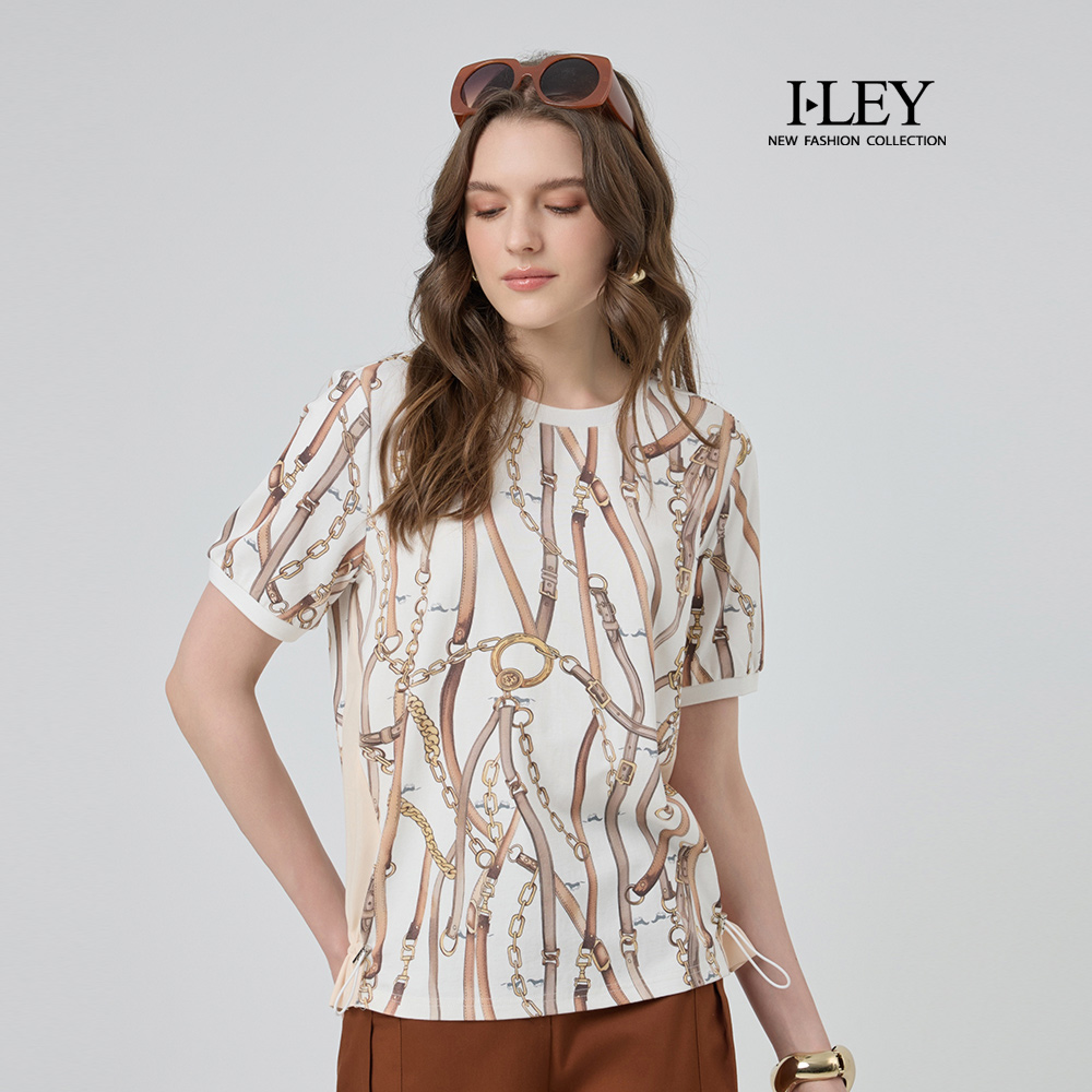 ILEY伊蕾 縲縈拼接絲巾風印花上衣(杏；M-XL)_0