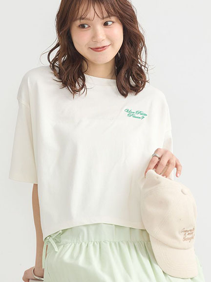 涼感Cafe標語刺繡打印圓領落肩短袖T恤(01000043900) - earth music&ecology