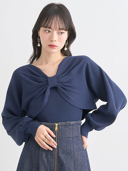 【SET ITEM】胸前抓摺造型長袖針織上衣+羅紋背心(01000134400) - earth music&ecology