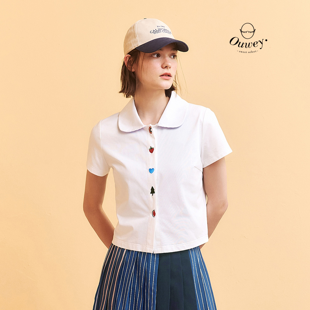 OUWEY歐薇 刺繡前襟短版棉質針織布上衣(白；S-L)_0