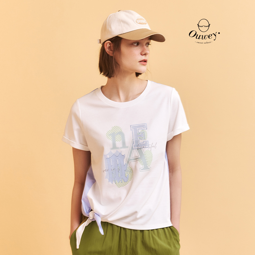 OUWEY歐薇 圖形文字異素材拼接打結棉T(白；M-XL)_0