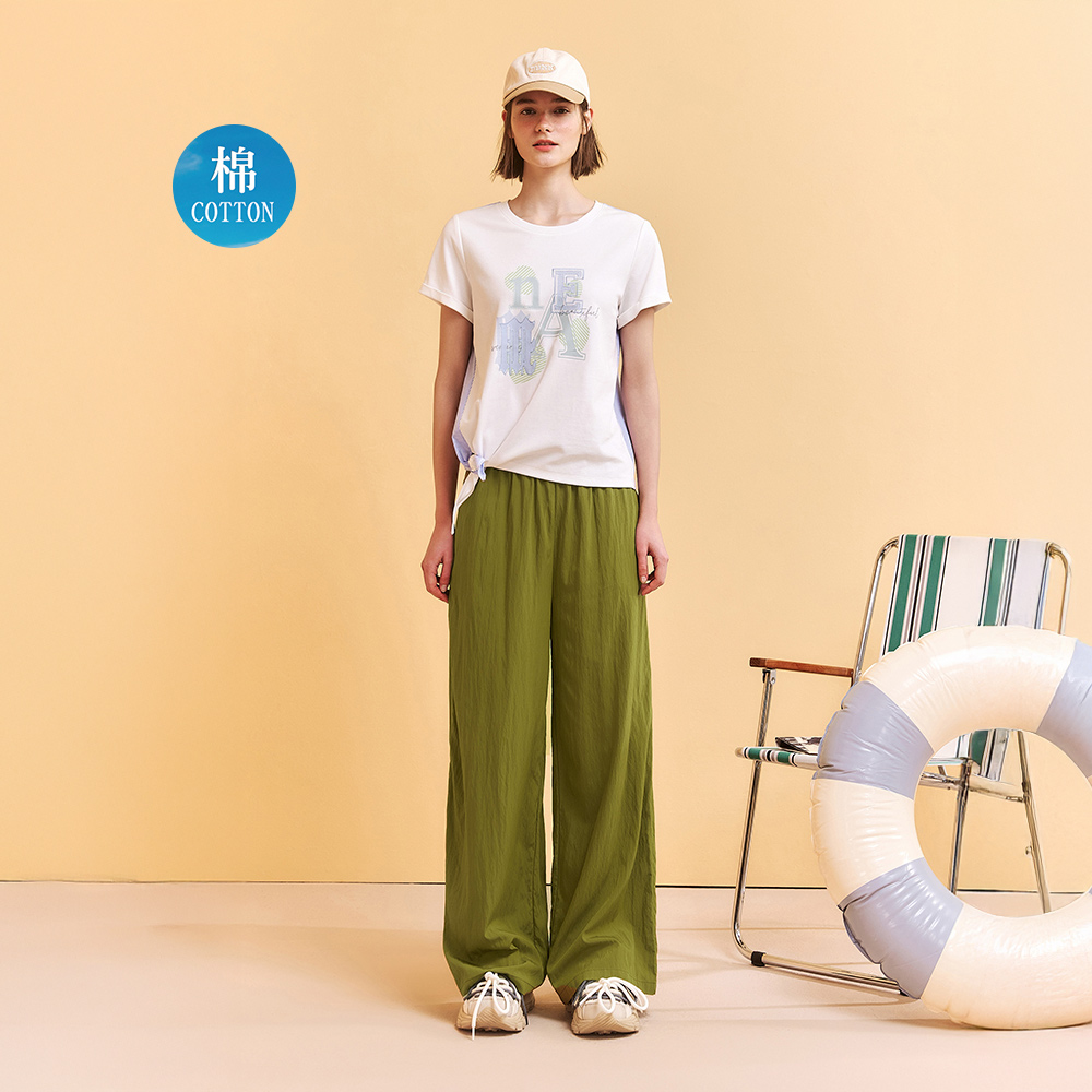 OUWEY歐薇 圖形文字異素材拼接打結棉T(白；M-XL)_1