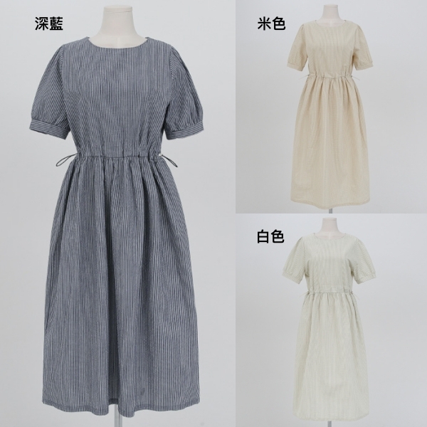 韓國製．日系直條紋圓領收腰百褶短袖洋裝．白鳥麗子_9