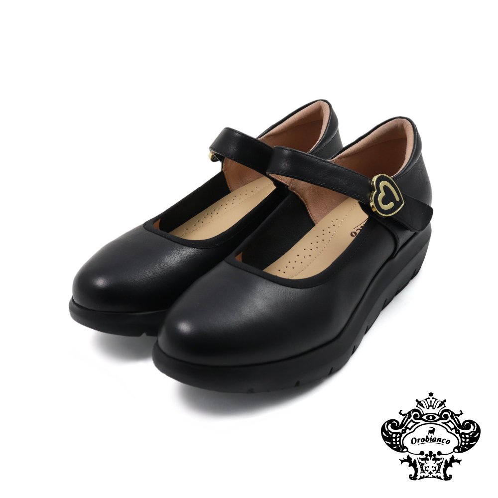 【Orobianco】愛心飾扣休閒厚底瑪莉珍鞋 黑色(OR531152W-BL)