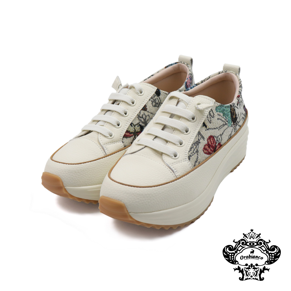 【Orobianco】免綁雙材質拼接花布厚底增高休閒鞋 米色(OR535116W-IV)