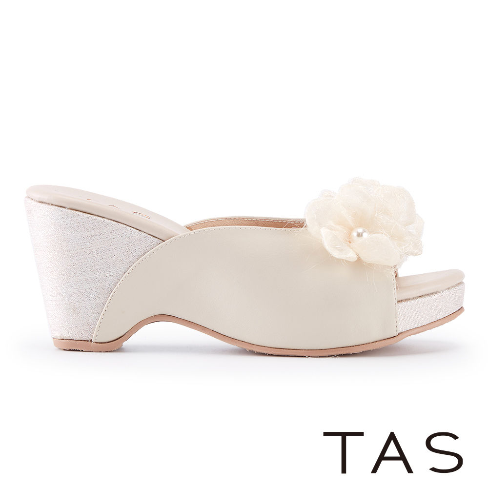 TAS 質感浪漫花朵坡跟牛皮厚底拖鞋 米色 #45366