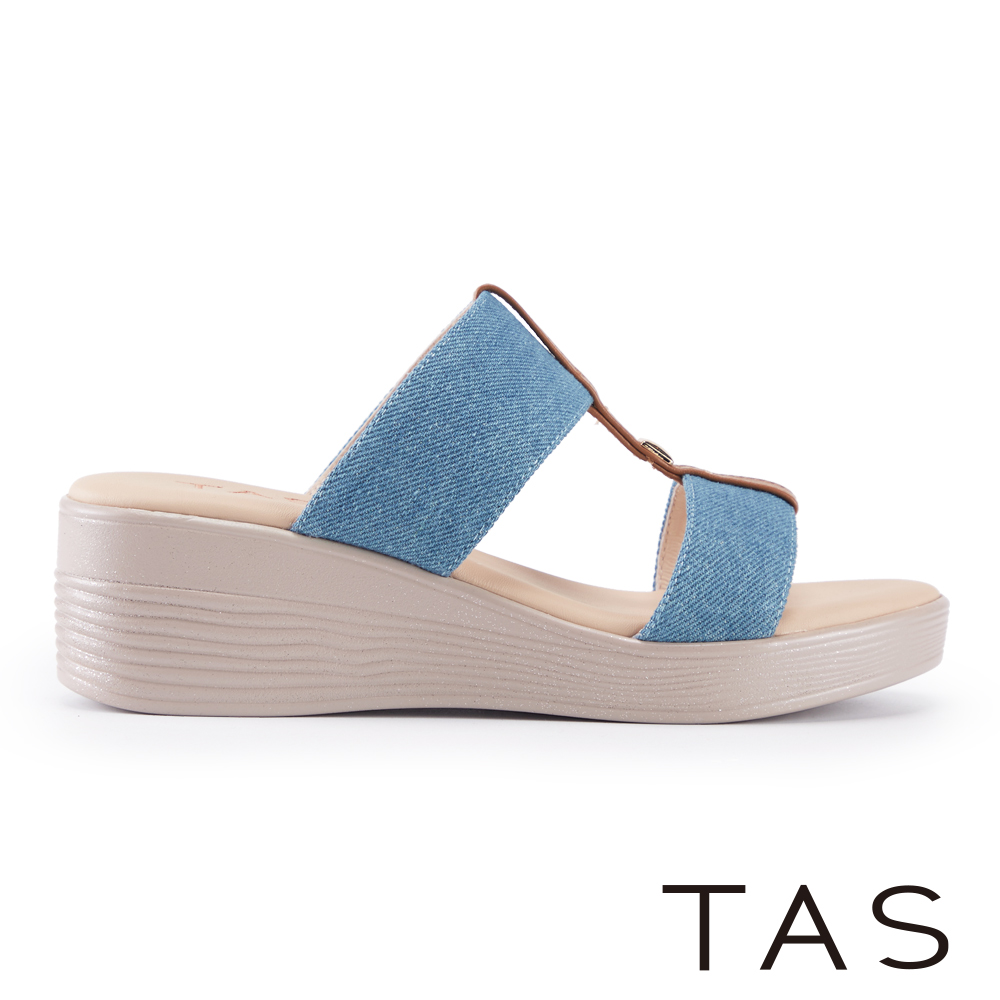 TAS 撞色雙寬帶楔型厚底拖鞋 牛仔藍 #45373