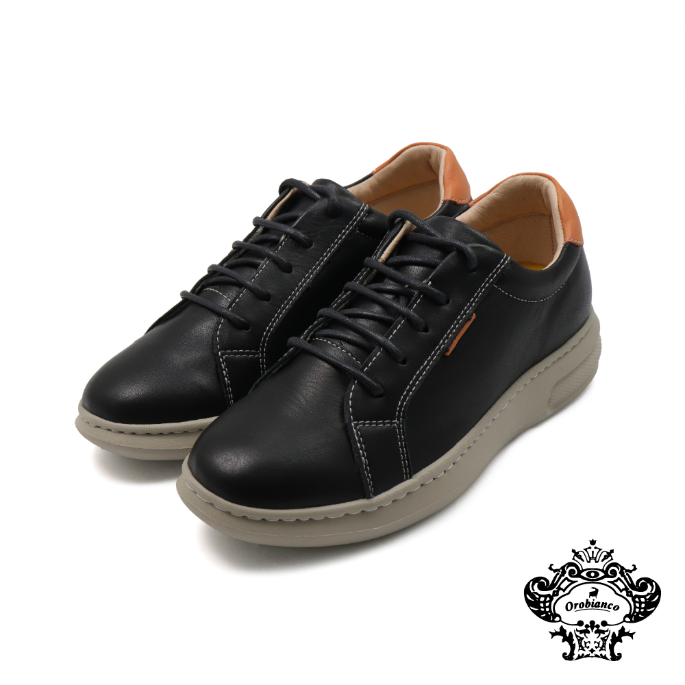 【Orobianco】防磨撞色造型皮質綁帶休閒鞋 黑色(OR535127W-BL)