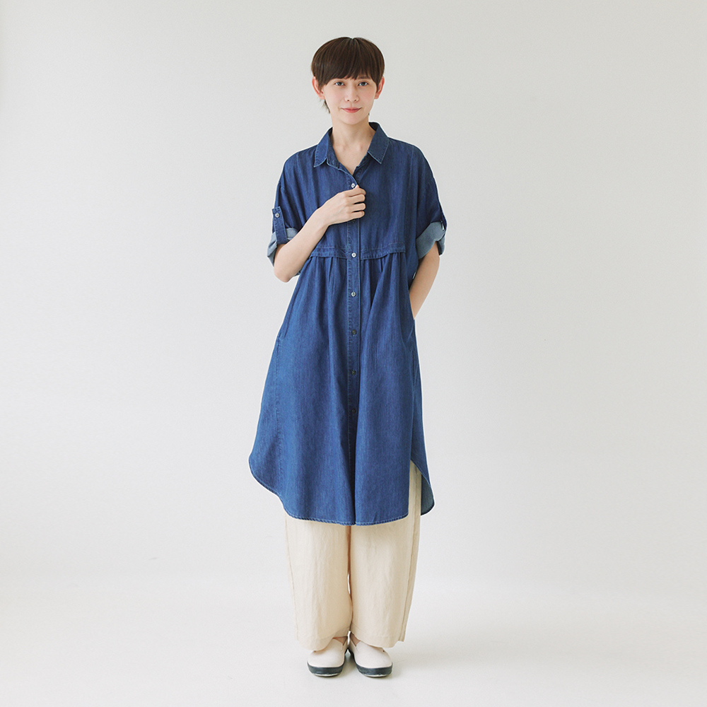 牛仔中袖洋裝 藍F