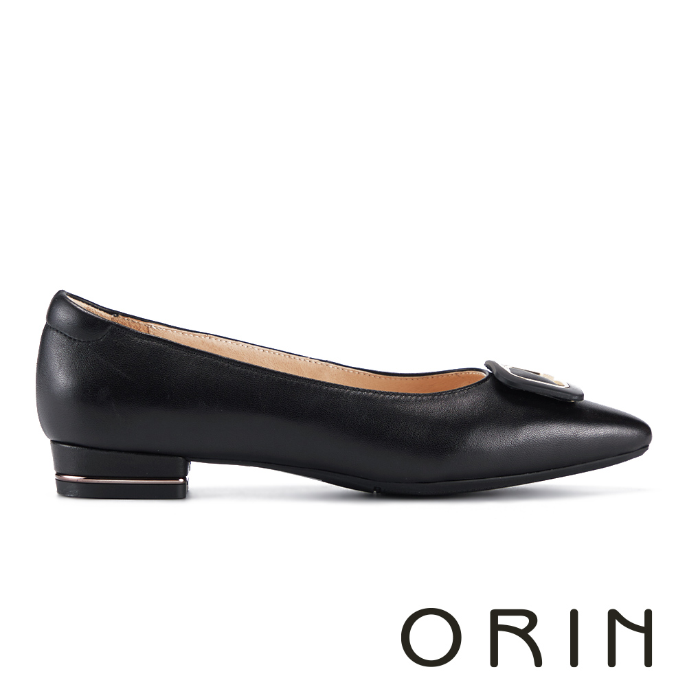 ORIN 氣質造型方形釦羊皮尖頭低跟鞋 黑色 #25081
