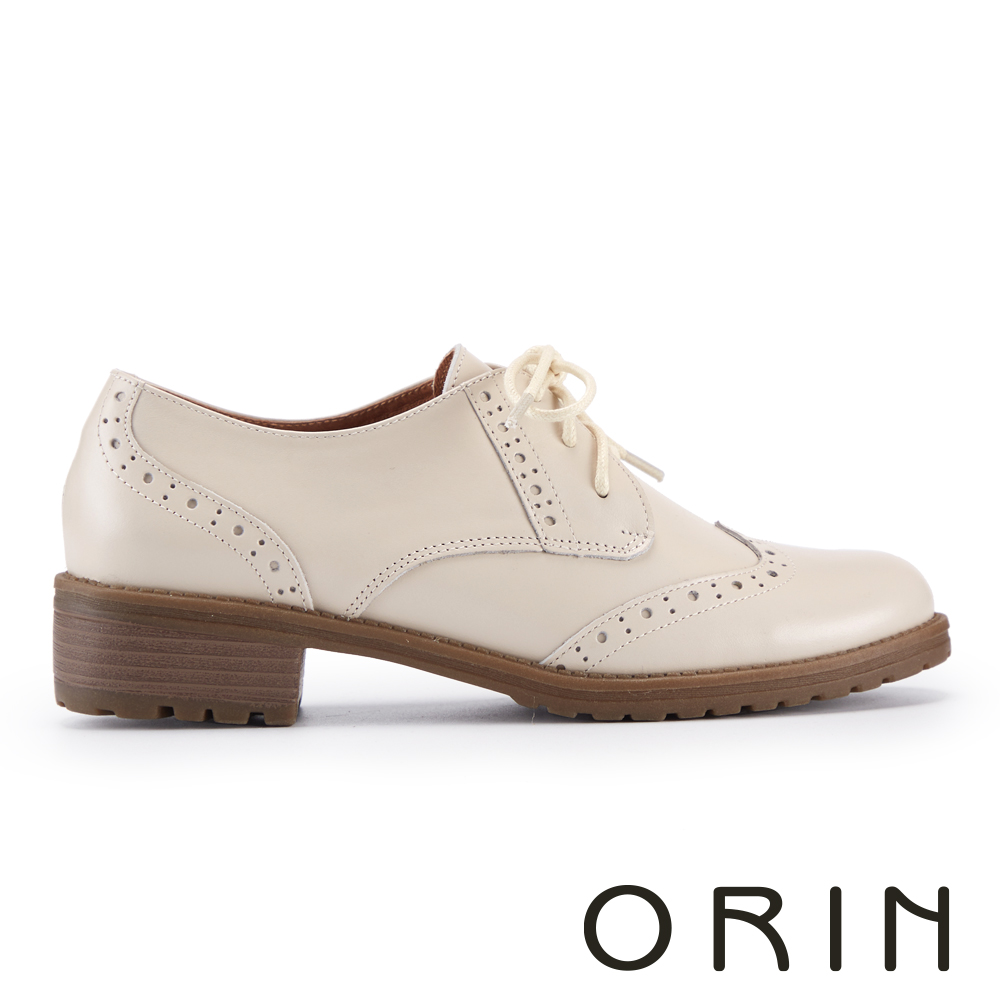 ORIN 復古真皮雕花綁帶低跟牛津鞋 米色 #25159