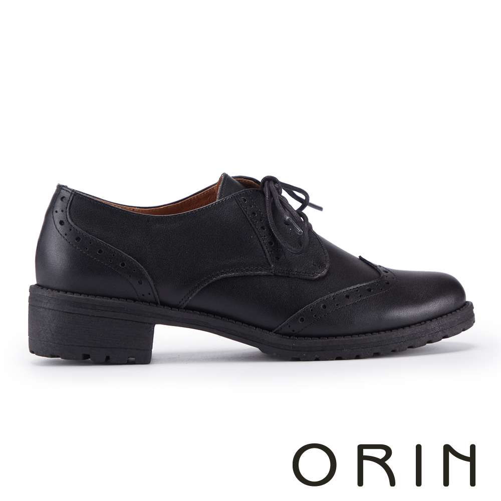 ORIN 復古真皮雕花綁帶低跟牛津鞋 黑色 #25159