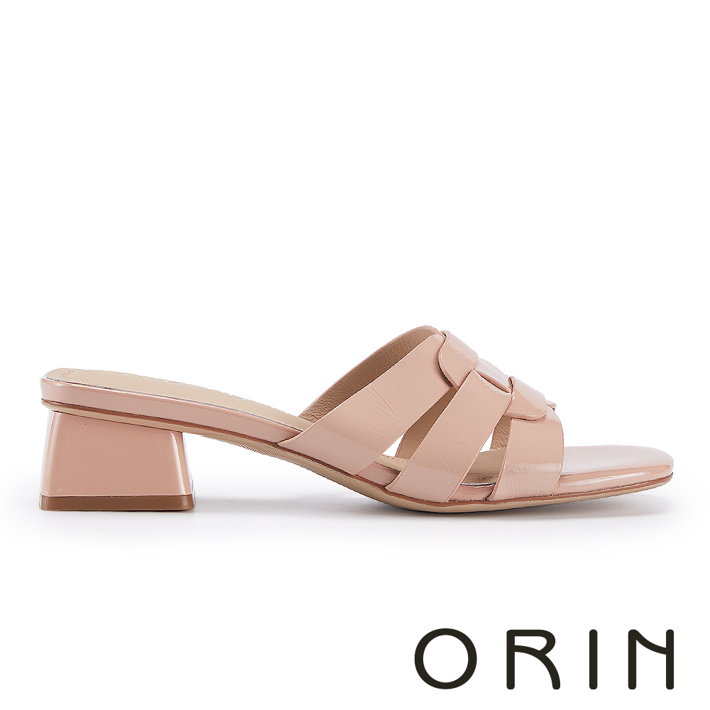 ORIN 時尚漆皮交織粗低跟拖鞋 粉色 #25322
