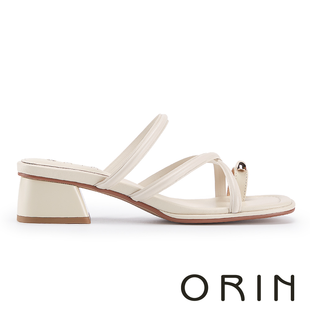 ORIN 氣質羊皮細帶金屬套指粗低跟涼鞋 白色 #25321