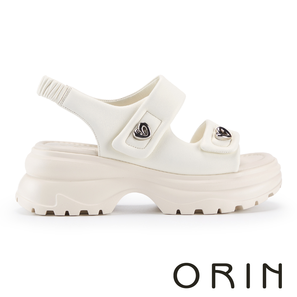 ORIN 舒適膨感心型飾釦羊皮厚底涼鞋 米白 #25312