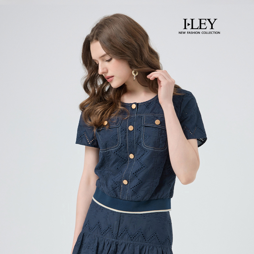ILEY伊蕾 刺繡縷空純棉短袖上衣(深藍；M-XL)_0