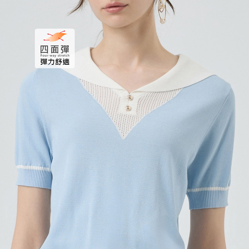 ILEY伊蕾 海軍翻領拼接縲縈針織上衣(淺藍；M-XL)_2