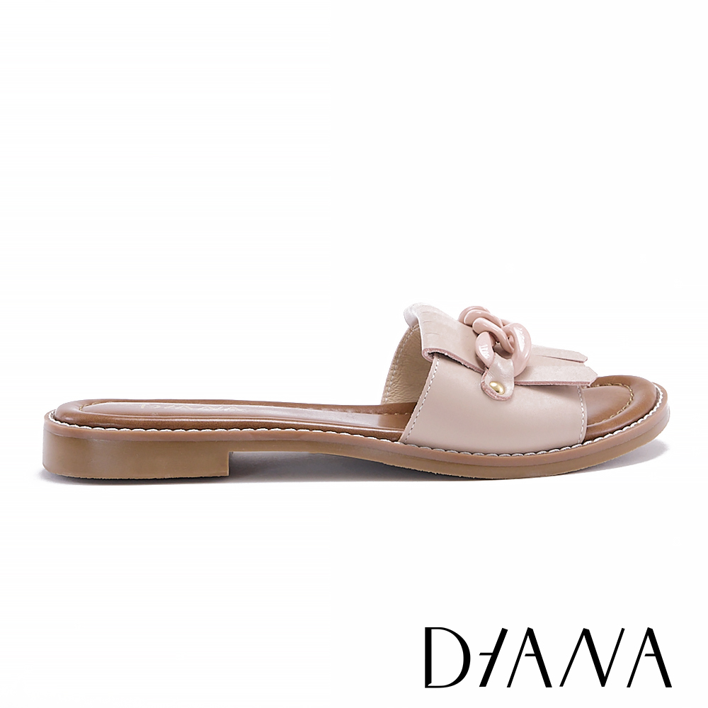 DIANA 優選牛皮時尚環扣流蘇低跟拖鞋 粉色 #55007