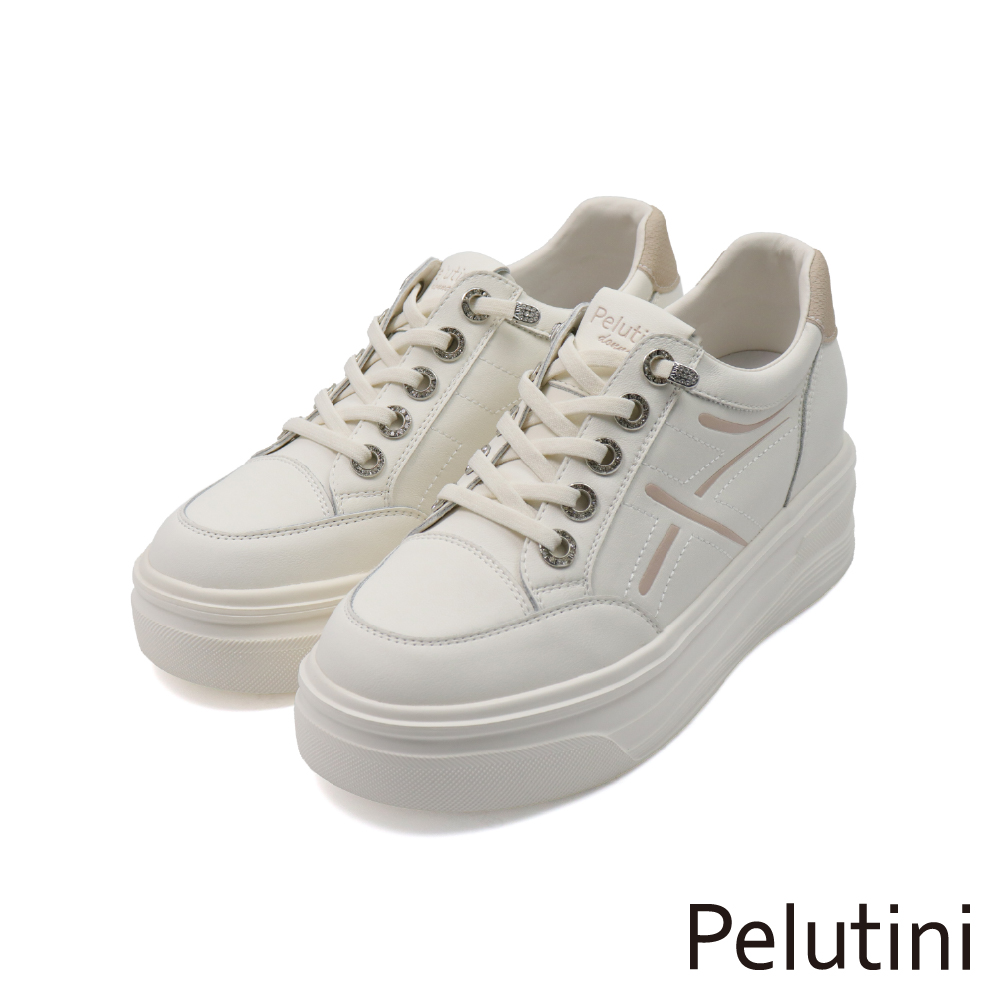 【Pelutini】免綁帶增高厚底壓線造型休閒鞋 白色(535117W-WH)