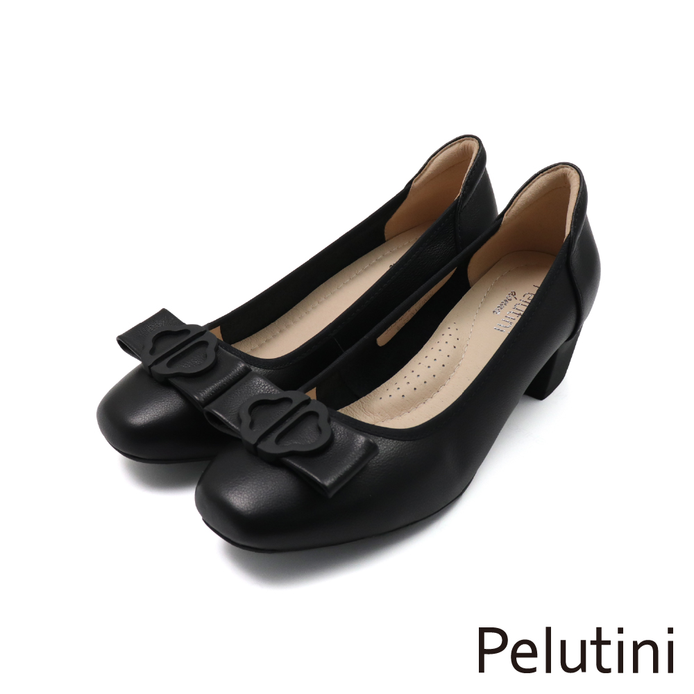 【Pelutini】花型蝴蝶結釦飾淑女跟鞋 黑色(333025W-BL)