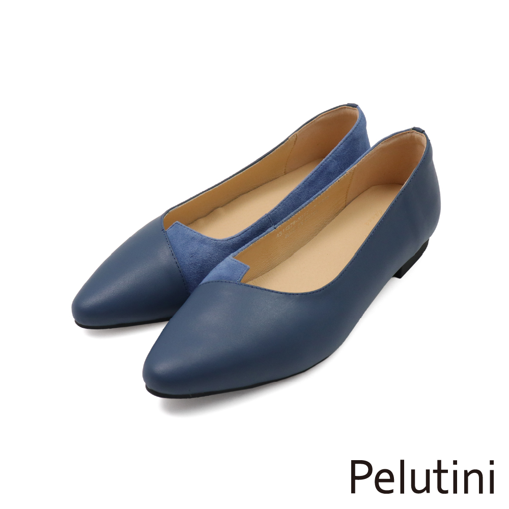 【Pelutini】雙色材質拼接尖頭平底淑女鞋 藍色(431127W-NAVY)