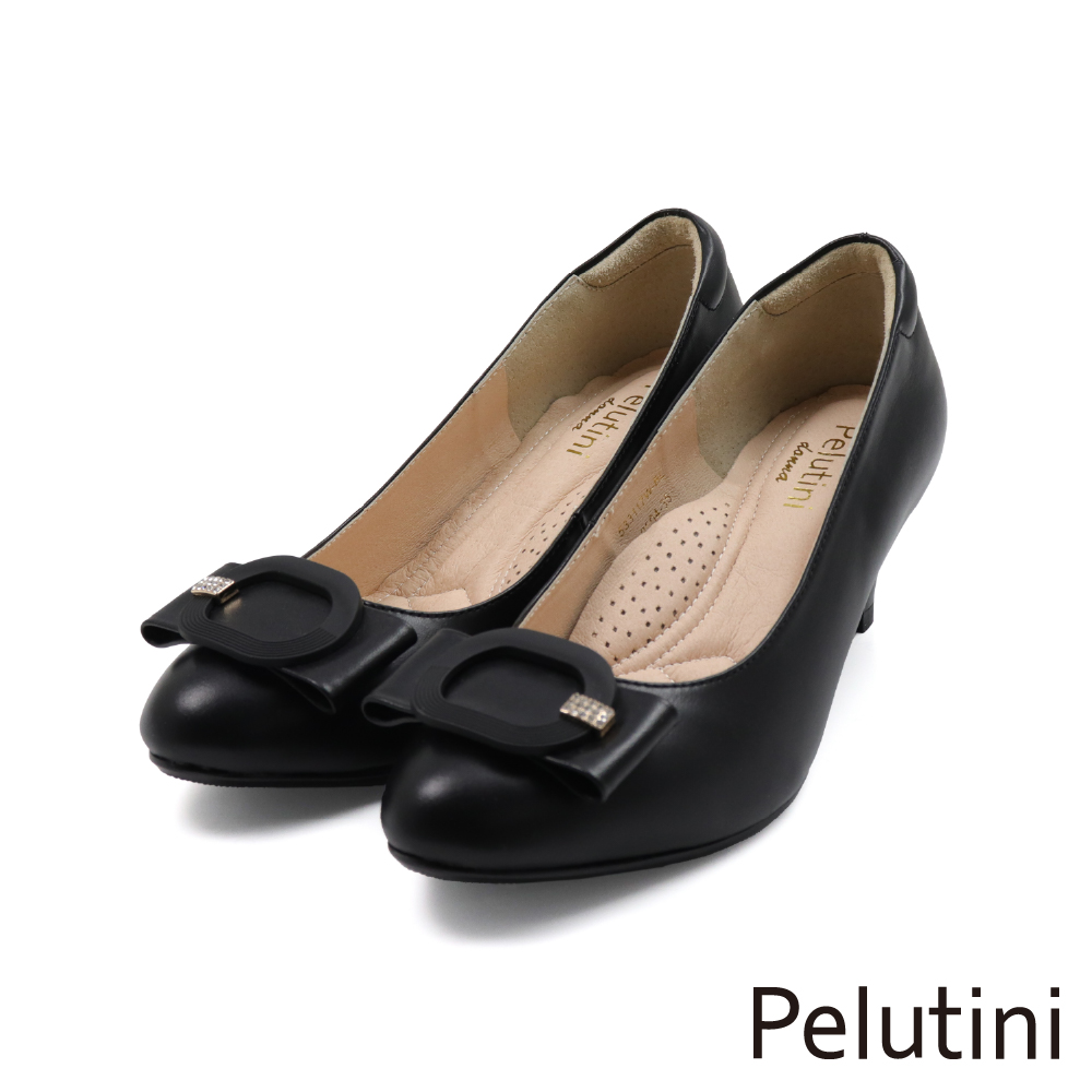 【Pelutini】鑲鑽點綴蝴蝶結釦飾淑女跟鞋 黑色(533117W-BL)